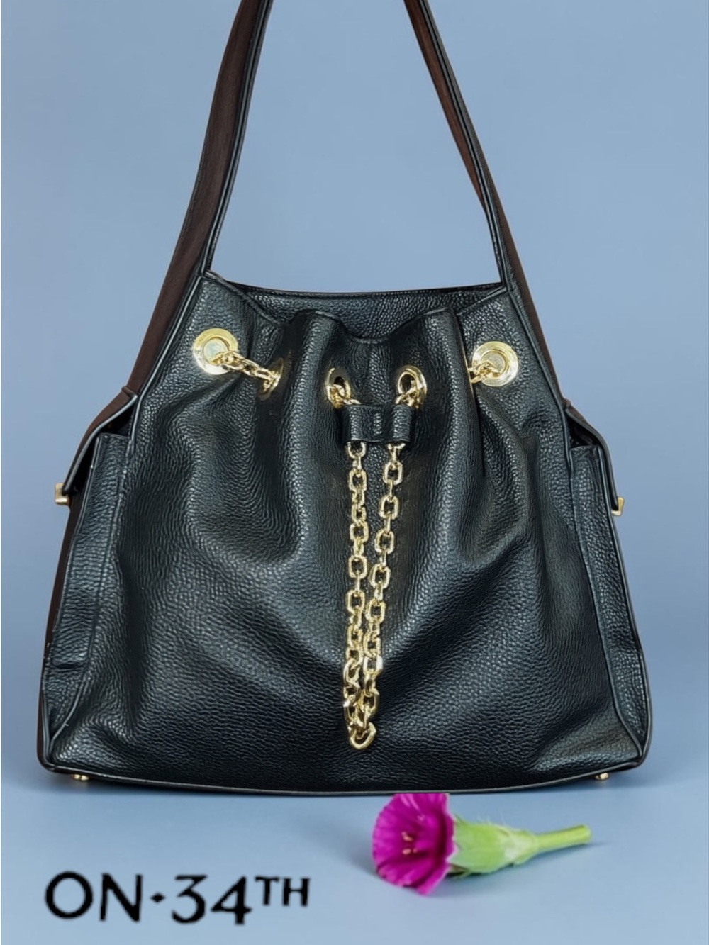 ON 34TH Macy's Exclusive Ahbie Shoulder Bag Drawstring Black Gold Chain NWOT